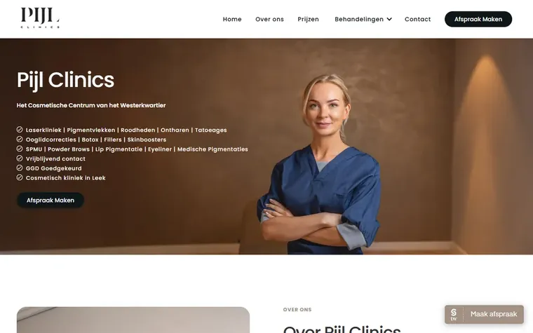 Screenshot van de homepage van pijlclinics.nl